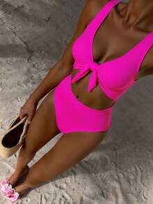 Swim Vcay Áo tắm liền thân không tay màu hồng fuchsia thanh lịch, cạp cao, dây đeo điều chỉnh được, màu trơn, dành cho nữ, mùa xuân/hè 2026. - Màu Hồng Tươi - Xem 4