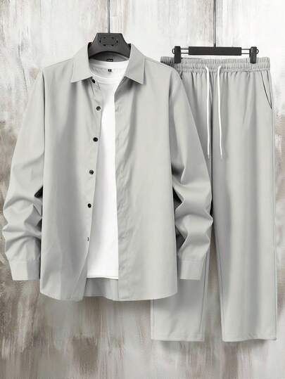 Manfinity Homme 男士休闲纯色纽扣衬衫长裤两件套，秋季款