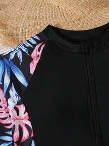 Tween Girls Tankinis, Girls Outfit Sets, Traditional Arabic Clothing Style, Middle Eastern Style Long-Sleeved Shirt And Long Pants Set, Two-Piece Sun-Protective Swimwear: Top: Dress-Style Swimwear, Solid Color Long-Sleeved Round-Neck Top, Long-Sleeved Tropical Print Athletic Swimwear With Zipper Closure; Bottoms: Solid Color And Printed Patchwork Long Pants. Stylish Summer Swimwear, Girl Sun Protection Suit, Elegant Girl Swimwear. - Black - View 4