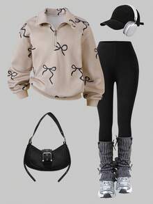 Sparklyn 2pcs/Set Girls Bow Decor Sweatshirt Top And Leggings Pants, Sweet & Fashionable - Grey - View 1