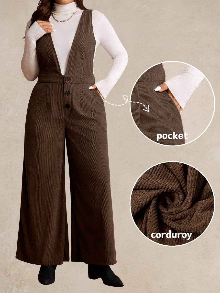 EMERY ROSE 大码灯芯绒工装裤 - 咖啡棕 - 查看 1