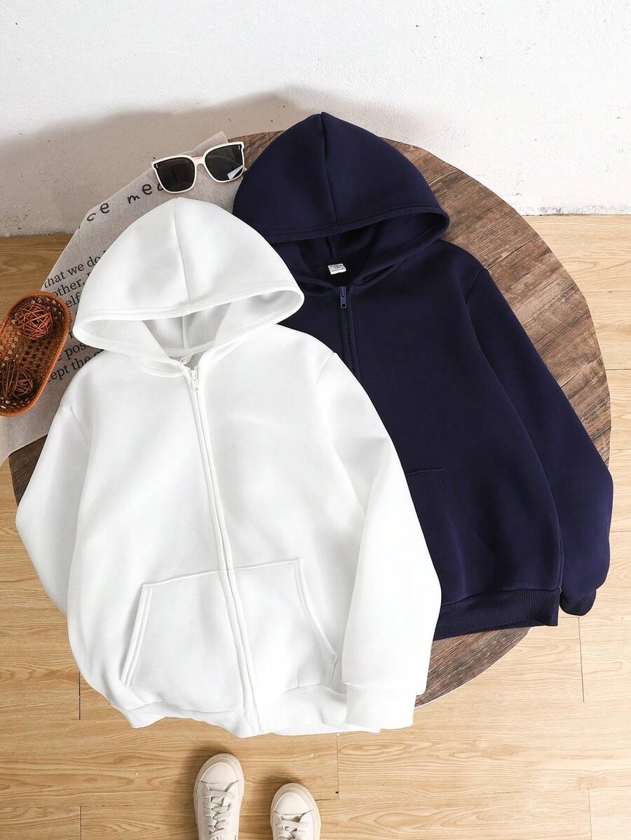 SHEIN 两件套少女休闲可爱日常舒适简约针织衫,蓝白相间,连帽长袖,适合外出、上学、日常聚会、秋冬季穿着。 - 藍白色 - 查看 1