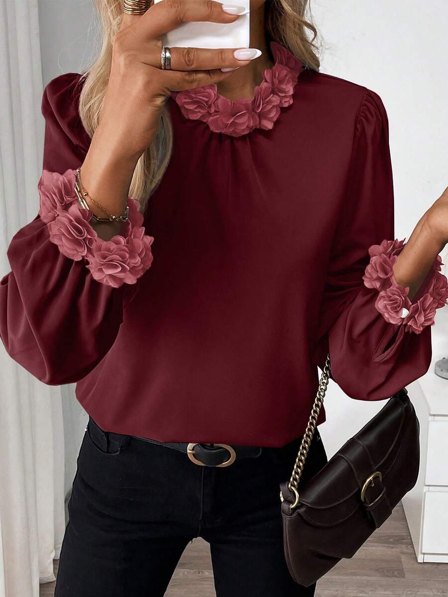 SHEIN Clasi 1 pieza Blusa decorativa de unicolor elegante con cuello y puños para mujer, otoñal - Burdeos - Ver 1