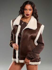 Normani Giacca di moda con inserti in pelliccia sintetica, trapuntata in pile, imbottita, con rivestimento  e fodera in borg - Castano - Visualizzare 6