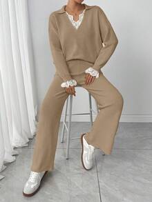 Modelyn 蕾丝拼接长袖上衣和长裤休闲针织套装，女士温柔风格，秋冬款 - 駝色 - 查看 8