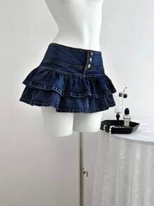Elamini Falda vaquera minimalista y casual de unicolor para mujer - Azul lavado oscuro - Ver 5