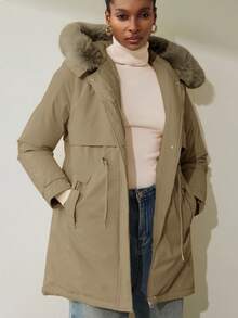 Aveloria Modichic Áo khoác nữ mùa đông cổ lông giả có mũ trùm đầu, màu trơn, có dây rút, thắt lưng, đệm lót - Màu Khaki - Xem 3
