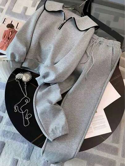 Resyla 宽松公主领半拉链插肩袖上衣+斜插袋松紧腰休闲裤