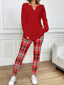 EMERY ROSE Casual Plus Size Solid Color Minimalist Long Sleeve Top & Plaid Pants 2 Pieces Set - Red - View 4