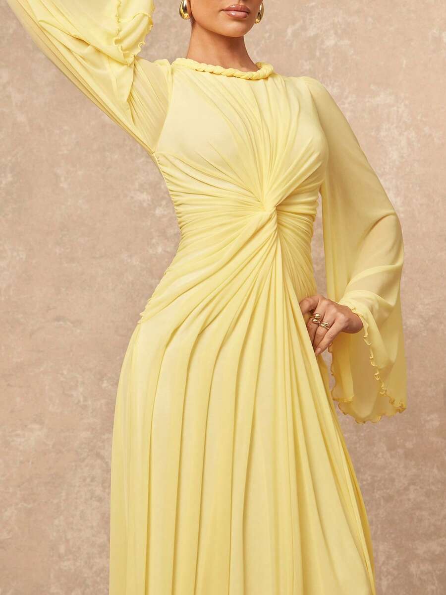 Lumalex 新款高端优雅低调复古海滨户外层叠婚礼季女士扭腰黄色礼服婚礼宾客连衣裙端庄黄色婚礼宾客连衣裙浅黄色连衣裙女士奶油黄连衣裙黄色教堂连衣裙，节日、假期、生日、宰牲节派对、浪漫情人节约会连衣裙女士优雅连衣裙女士优雅春夏连衣裙 - 淡黃色 - 查看 1