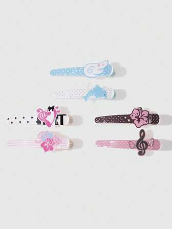 Kawaii 6pcs Assorted Flower, Wing, Music Note, Dolphin Design Hair Clips