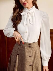 Vintamour 复古经典优雅女士衬衫，秋冬修身提花衬衫，正面饰有蝴蝶结，长袖，杏色 - 白色 - 查看 7