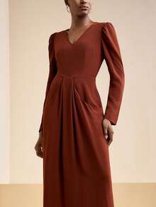 Zivah 2025 Autumn New Arrival Daily Commute Casual High-End Elegant Minimalist Streetwear Style Gigot Sleeve V-Neck Pocket Pleated Design H-Line Brown V-Neck Long Dress - Rust Brown - View 2