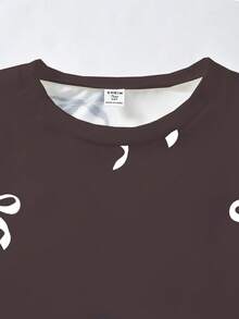 SHEIN Teen Girls' Brown Digital Print White Bow Crew Neck Sweatshirt & Black Skinny Pants Set, Comfortable Fitted, Autumn/Winter - Coffee Brown - View 5