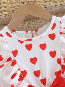 SHEIN Girls' Cute Heart Print Ruffle Hem Dress With Round Neck And Flutter Sleeves , Comes With Red Belt, Suitable For Spring/Autumn And Valentine's Day - Red and White - View 5