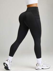 Dewbera Damskie legginsy do jogi/na zewnątrz/na siłownię z podwójnymi kieszeniami - Czarne - Zobacz 3