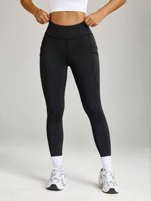 Dewbera Damskie legginsy do jogi/na zewnątrz/na siłownię z podwójnymi kieszeniami - Czarne - Zobacz 4