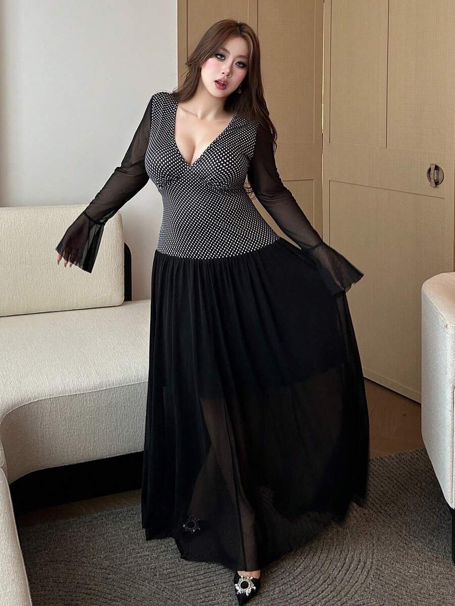 Flirla 大码女式复古波尔卡圆点优雅性感V领喇叭袖修身腰连衣裙 - 黑色 - 查看 1