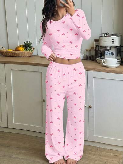 2 st/set tonårsflicka prickig och rosetttryck casual lös passform rund hals långärmad t-shirt och byxor pyjamas set, lämplig för alla årstider hemkläder, ljusrosa