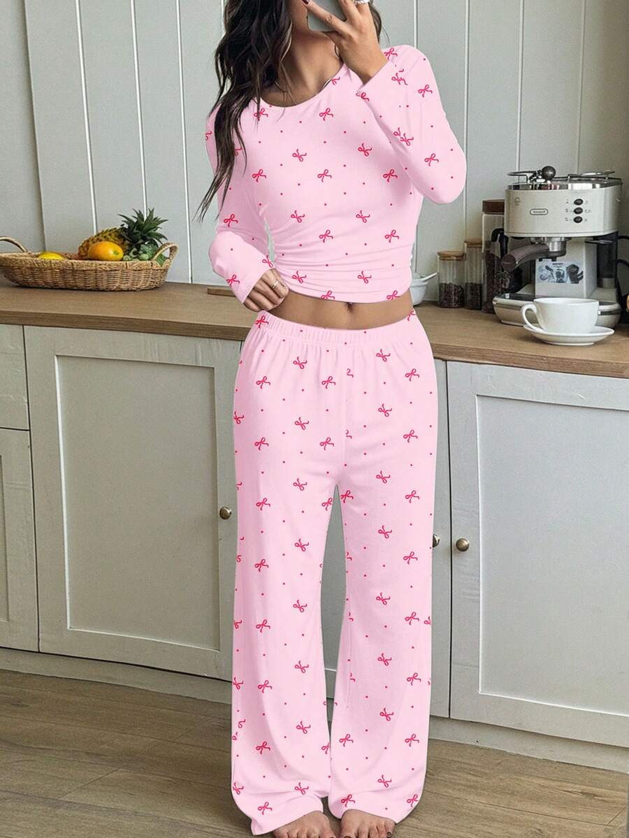 2件套少女波点蝴蝶结印花休闲宽松圆领长袖T恤和长裤睡衣套装，适合所有季节居家穿着，浅粉色 - 彩色 - 查看 1