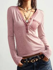 Bohemela Casual Solid Color V-Neck Long Sleeve Fitted Women T-Shirt