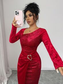 SHEIN Elenzya Women's Elegant Burgundy Metallic Patchwork Long Sleeve Dress,Autumn Dining Christmas Party New Year Holiday Vintage Fitted Formal Dress - Red - View 10