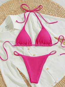 Swim Vcay 2026春夏女士度假特款面料吊带露背玫红色性感丁字比基尼两件套泳衣 - 玫紅色 - 查看 1