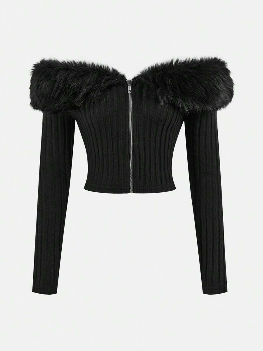 SHEIN Girlism 少女黑色露肩毛边短款外套，适合秋冬季节，优雅甜美，春节必备 - 黑色 - 查看 1