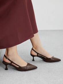 CUCCOO BIZCHIC 女士尖头小猫跟棕色踝带高跟鞋，百搭日常和工作穿着高跟鞋，带后绑带 - 棕色 - 查看 5