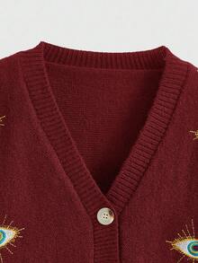ROMWE Hippie Áo khoác cardigan ngắn thêu mắt cổ điển thường ngày dành cho nữ, Thu/Đông - Màu Đỏ Sâu - Xem 2