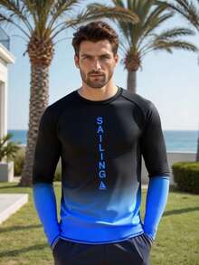 Manfinity VDAYZ 男士字母印花插肩长袖防晒泳衣上衣 - 黑色 - 查看 1