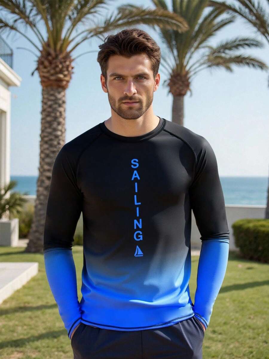 Manfinity VDAYZ 男士字母印花插肩长袖防晒泳衣上衣 - 黑色 - 查看 1