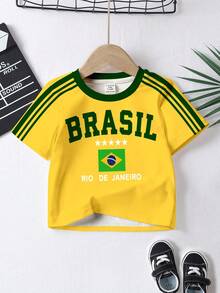 SHEIN Brazil Soccer Player, Casual Minimalist Round Neck Short Sleeve Loose T-Shirt, Suitable For Summer Brazil Shirt Kids Soccer Jerseys For Kids Soccer Shirt Boy Brazil Soccer Jersey Kids Kids Brazil Jersey - Multicolor - View 3