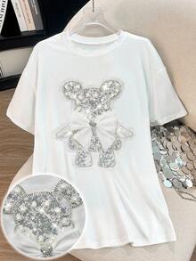 Resyla 女士宽松水钻亮片3D蝴蝶结泰迪熊T恤