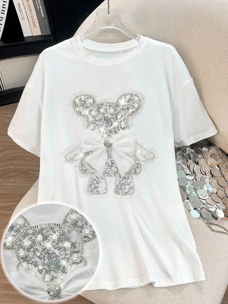 Resyla 女士宽松水钻亮片3D蝴蝶结泰迪熊T恤