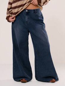 MUSERA 大码宽松低腰中度水洗牛仔裤，Y2K/2000年代风格，冬季款 - 藏蓝色 - 查看 2