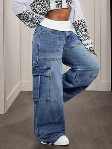 Slaydiva Women's Casual Fashion Street Contrast Low Waist Flap Pocket Wide Leg Cargo Jeans Baggy Jeans Jeans Wide Leg Patchwork Jeans Oversized Jeans Baggy Jeans Women - Dark Wash - View 1