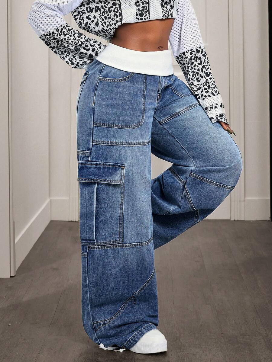 Slaydiva Women's Casual Fashion Street Contrast Low Waist Flap Pocket Wide Leg Cargo Jeans Baggy Jeans Jeans Wide Leg Patchwork Jeans Oversized Jeans Baggy Jeans Women - Dark Wash - View 1