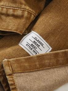 SHEIN Genkimix Kids Young Boy's Denim Shirt With Pockets, Letter Print & Small Logo, Casual Fashion Streetwear, Cool Back To School - Khaki - View 6