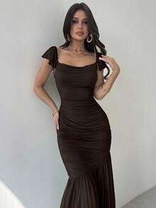 Firerie 女士优雅褶饰系腰绿色网眼紧身荷叶边下摆连衣裙，适合派对、度假、音乐节、婚礼季、早午餐、圣帕特里克节、波西米亚风女式长裙、仙女风、度假装、女士毕业礼服、女士沙滩装、女士机场装 - 咖啡棕 - 查看 6