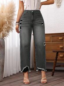 EMERY ROSE Plus Size Women Cowgirl Blue Inelastic Distressed Frayed Hem Loose Fit Cropped Jeans, Rodeo - Grey - View 1