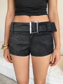 SHEIN Tall 女士秋冬新款扎染水洗PU迷你短裤配腰带，复古做旧风格 - 黑色 - 查看 3