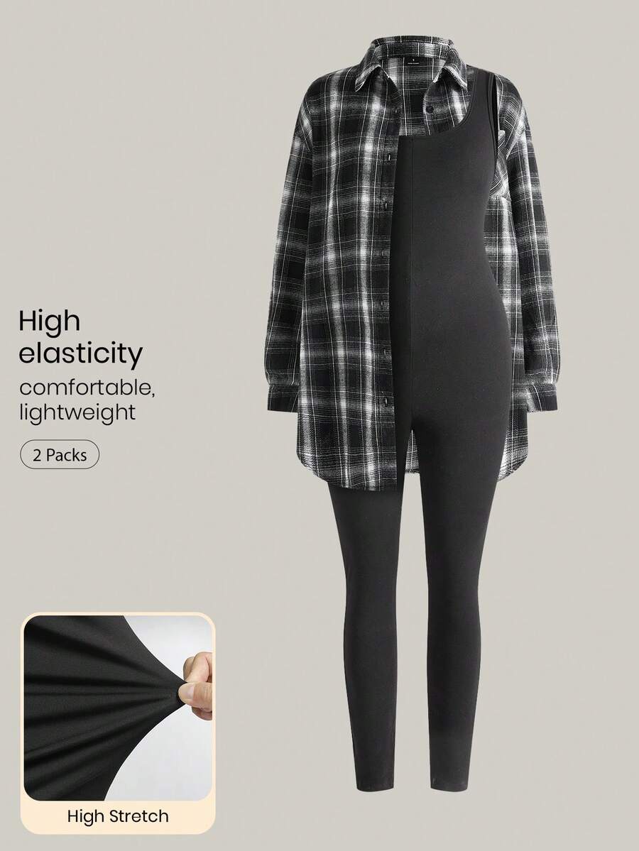 Modmama Set de 2 piezas de maternidad: Mono casual sólido y camisa a cuadros - Multicolor - Ver 1