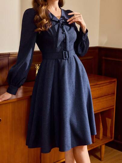 Vintamour Vintage Classic Elegant Women's Dress, Autumn/Winter, Fitted, Front Bowknot Waist Dress, Lantern Sleeve, Navy Blue Long Sleeve Dress