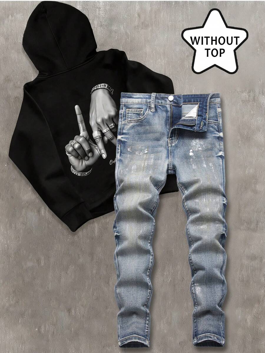 SHEIN Tween Boy Bolty Y2k Vintage Light Blue Summer Streetwear School Back-To-School Embossed Silver Green Pattern Denim Stretch Tight Jeans Dailywear - Blue - View 1
