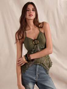 Easelle Summer Country Concert Retro Print Mesh Backless Halter Neck Top