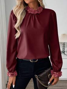 SHEIN Clasi 1 pieza Blusa decorativa de unicolor elegante con cuello y puños para mujer, otoñal - Burdeos - Ver 5