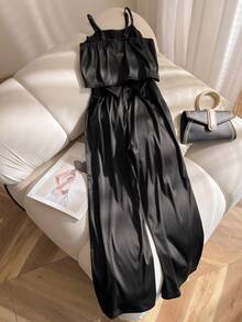 Tween Girls' Fashionable & Chic Oversized Bow Decor Camisole Top Paired With Simple Pants And Black Jacket, Outfit Set - Black - View 2