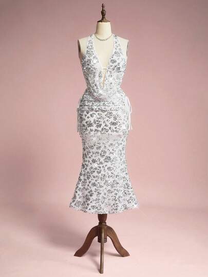 ROMWE Avant 2pcs Y2K Party Sexy Backless Sequin Mermaid Skirt Set For Women