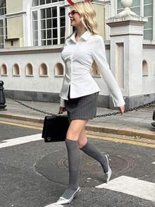 MainGRL 白色女式衬衫，白色束腰褶皱衬衫